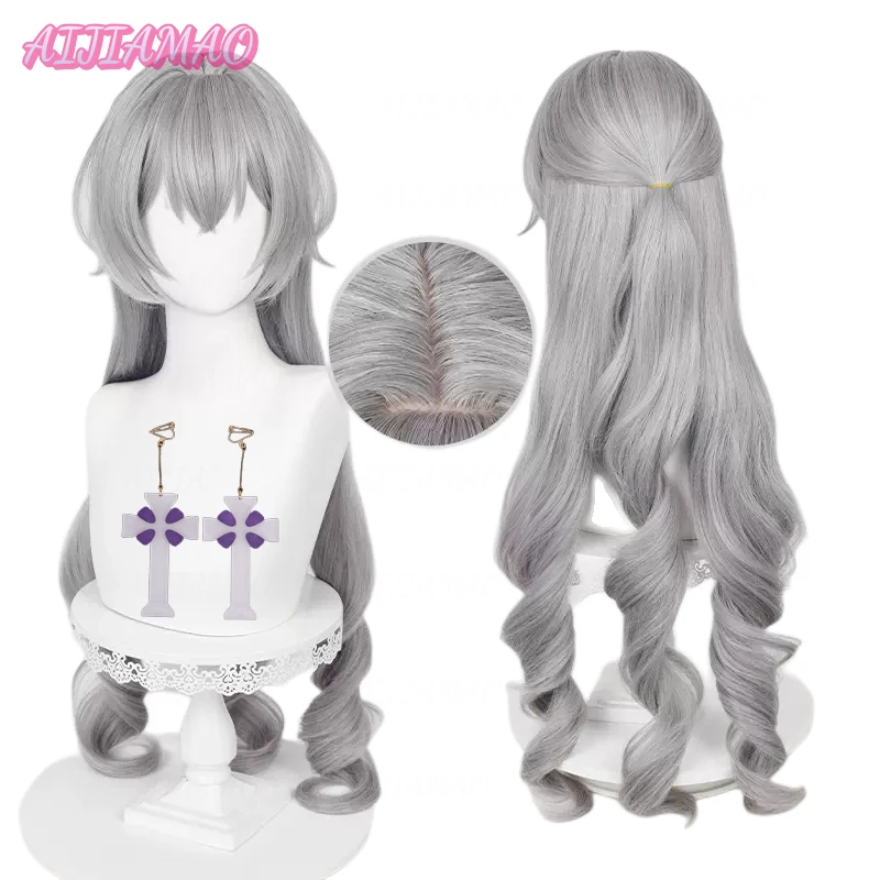 

Bronya Cosplay Wig Game Honkai: Star Rail 90cm Long Silver Grey Curly Wig Heat Resistant Synthetic Cosplay Anime Wigs + Wig Cap