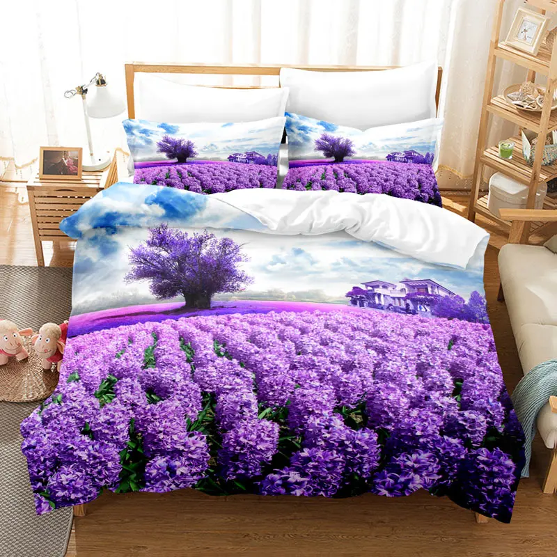 

Purple Bedding Set Flowers Duvet Cover Polyester Quilt Cover 3D Comforter Lavender Butterfly Double Full King Queen Twin Single