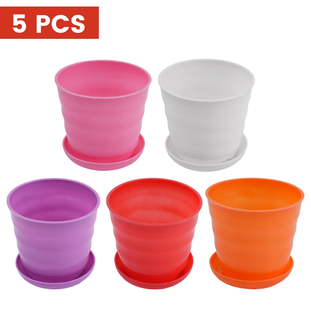 Set of 5 Randomly Colored Mini Flower Pots with Drainage Holes and Matching Saucers Perfect for Succulents and Home Decor