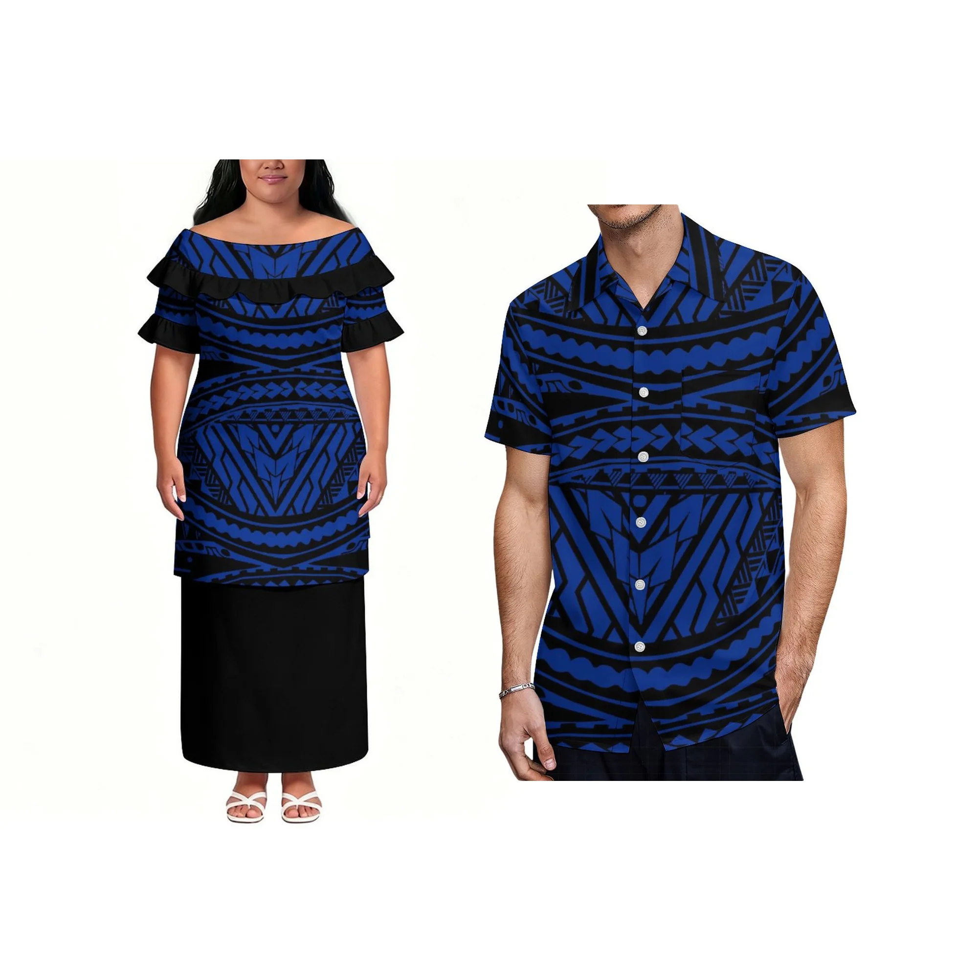 

Ladies Customized Polynesian Tribal Print Samoan Puletasi Set Plus Size Off Shoulder Ruffle 2 Piece Set Luau Party Outfit