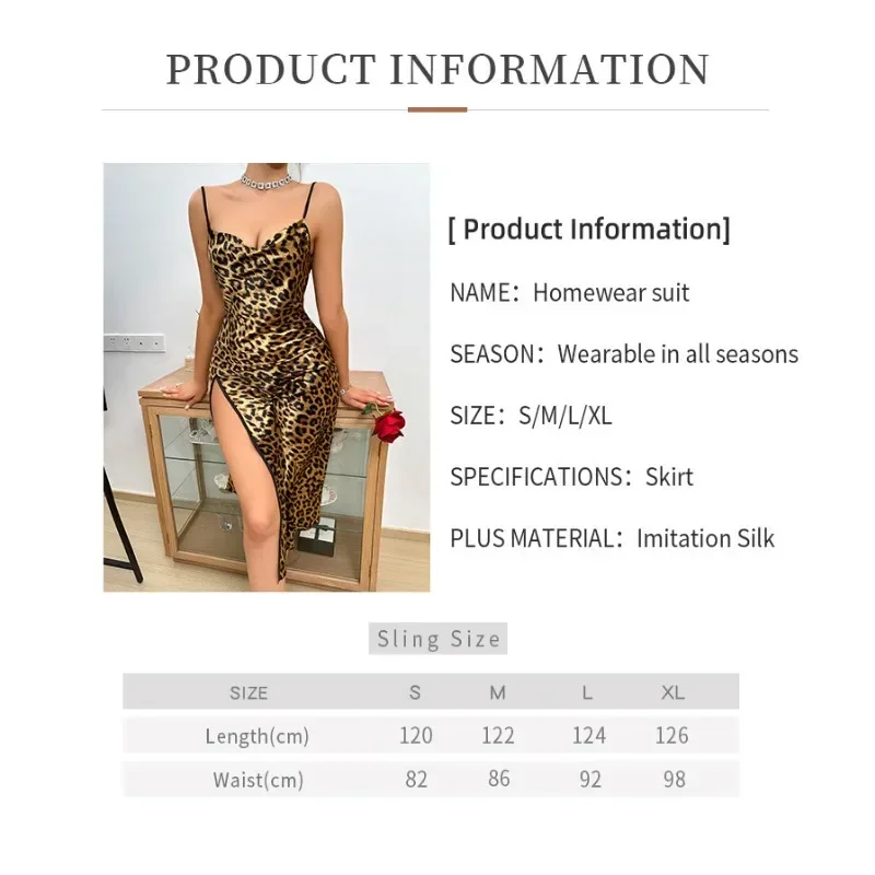 Fashion Leopard Nightgown Women Luxury Backless Slit Camisole Skirt Home Wear Summer Thin Breathable Imitation Silk Sexy Pajamas