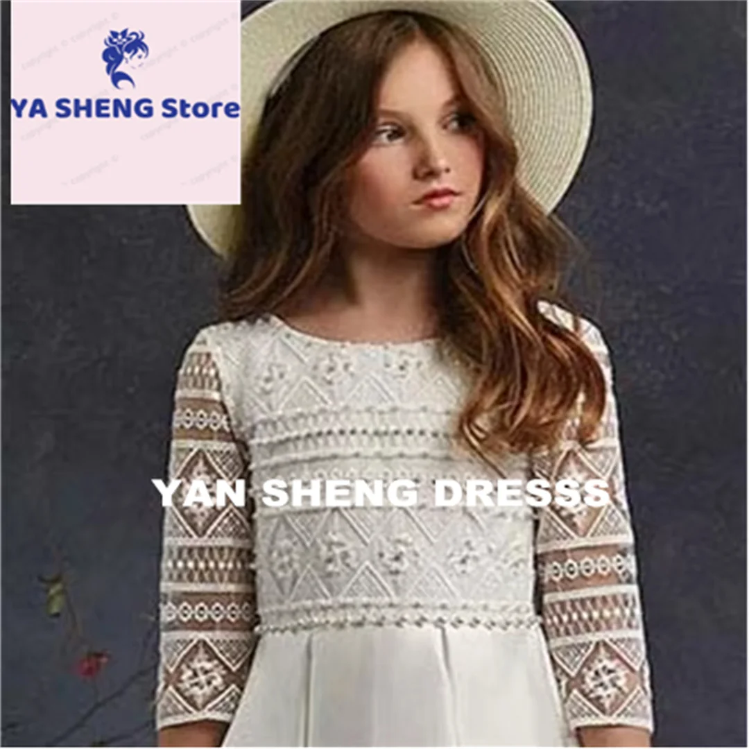 فستان فتاة الزهور مخصص من الساتان الأبيض المطرز بالدانتيل على شكل حرف a لحفلات الزفاف الأنيقة على شكل زهرة القمامة للأطفال أول حفلة عيد ميلاد القربان المقدس