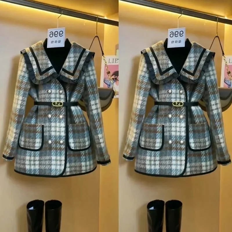 Double-Breasted Small Fragrance Woolen Coat Women 2023 Winter New Niche Explosions Retro Age-Reducing Plaid Woolen Jacket Tide