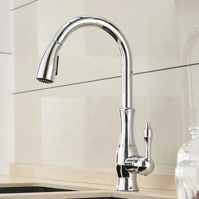 

Kitchen Faucets Silver Single Handle Pull Out Kitchen Tap Single Hole Handle Swivel 360 Degree Water Mixer Tap Mixer Tap 866011