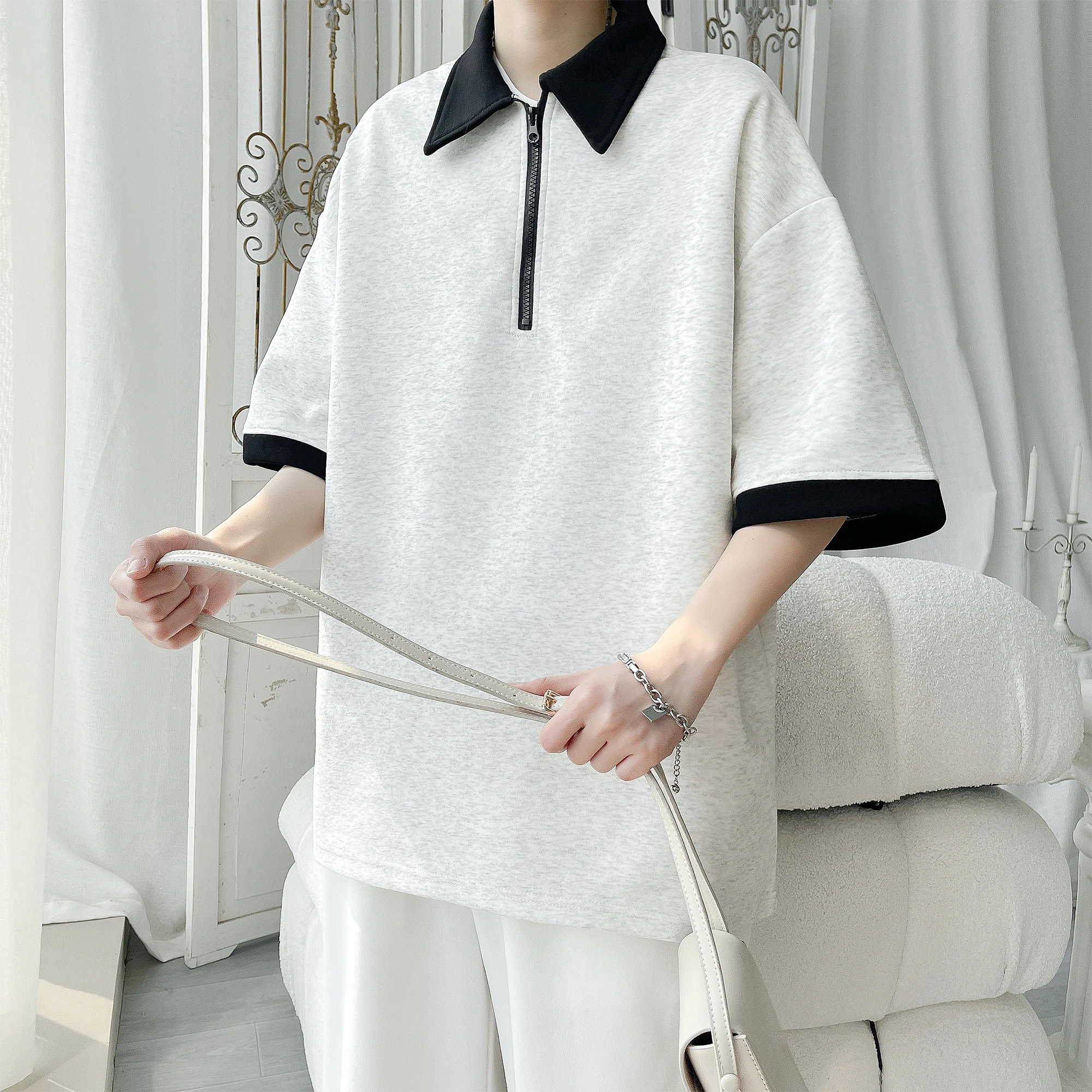 Men's Summer New Style Button-Up Fake Two-Piece Polo Shirt Short-Sleeve Trendy T-Shirt Loose