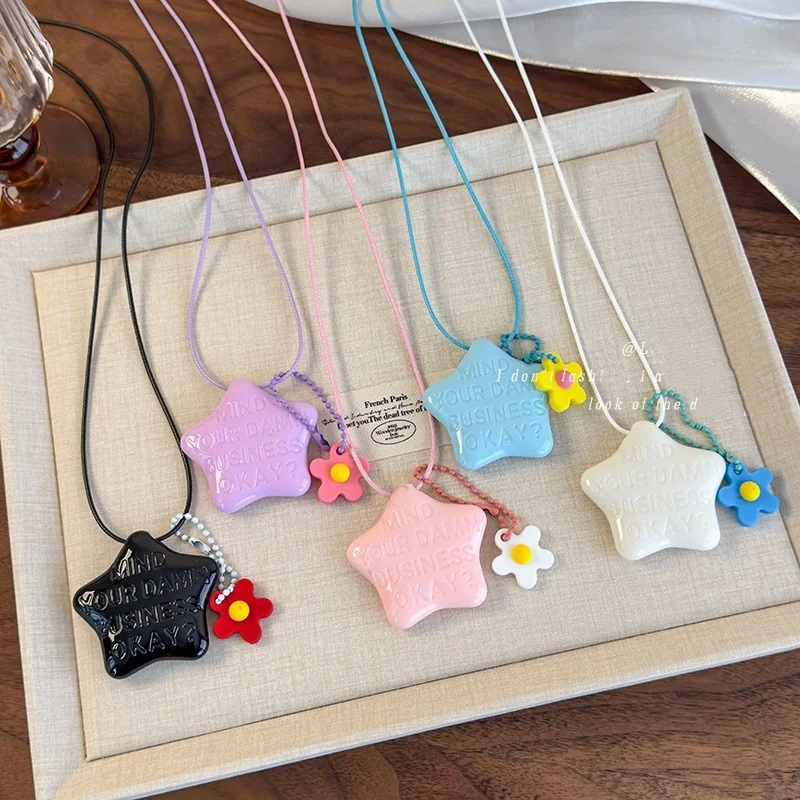 Colorful star letter makeup mirror, dopamine flower necklace, long neck hanging accessory, portable collarbone chain
