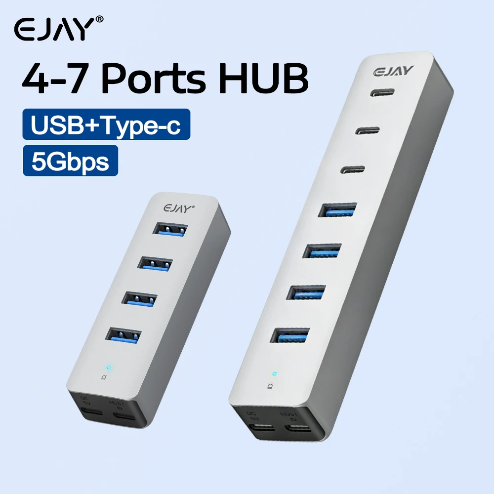 EJAY 4-7 Ports USB3.0 Hub 5Gbps Aluminum USB-C Splitter with Extra Power Supply Port Multi Port Extender Hub for PC Laptop Mac