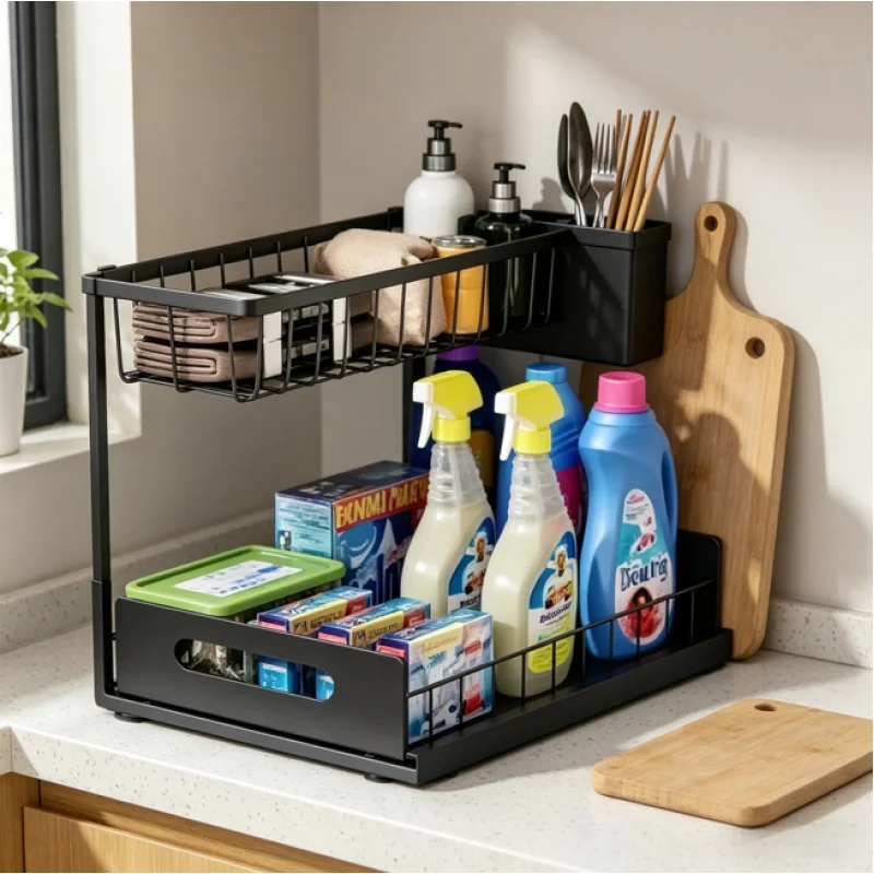 

2-Tier Sliding Under Sink Organizer, Rustproof Metal Cabinet Storage Shelf for Kitchen Bathroom Cleaning Supplies