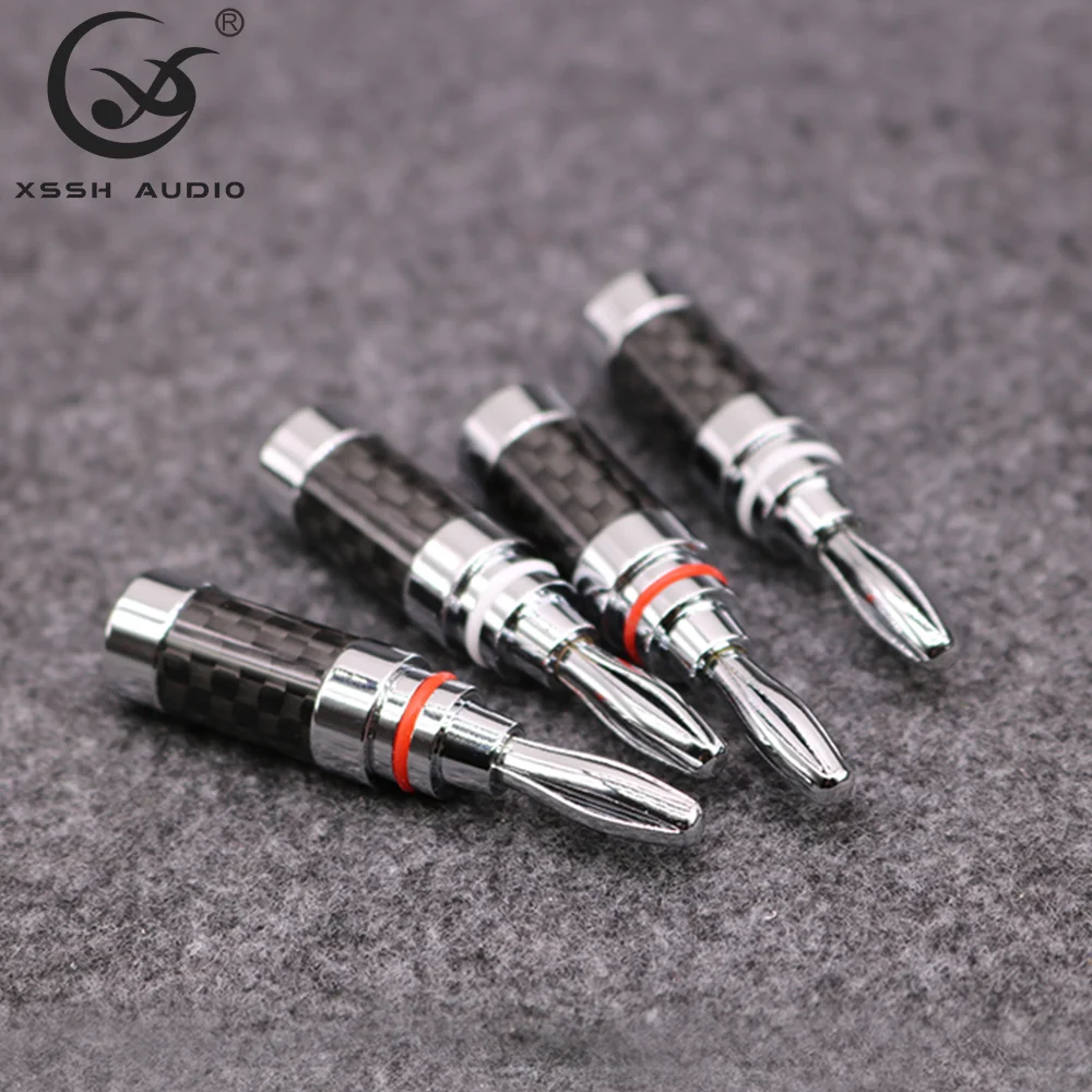 Konektor Pisang GuangZhou YIVO XSSH Colokan Listrik Rhodium Berlapis Kuningan Serat Karbon OEM untuk Kabel Speaker Diameter Maksimal 5Mm