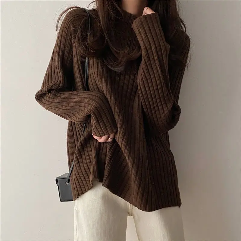 Autumn Winter Fashion All-match Long Sleeve Loose Sweaters Women Clothing Elegant Chic Turtleneck Pullover Casual Solid Knit Top