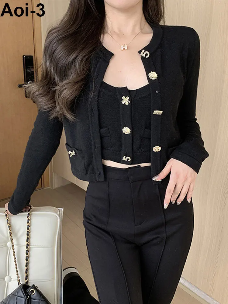 Korean Fashion Knitted Suit Women 23 Autumn Winter O-Neck Gold Buckle Long Sleeve Short Cardigan+Sling+Long Cardigan 3-Piece Set