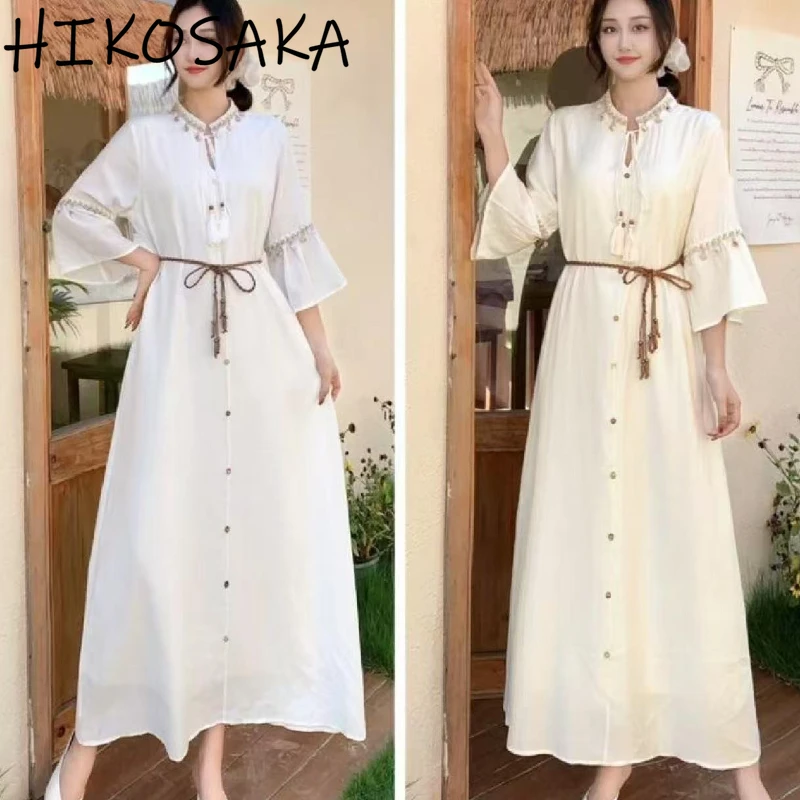 

O-neck Hollow Out Lace Up Slim Waist Dress Fashion Fairy Loose A-line Robe Vintage Bohemian Embroidery Single Breasted Vestidos