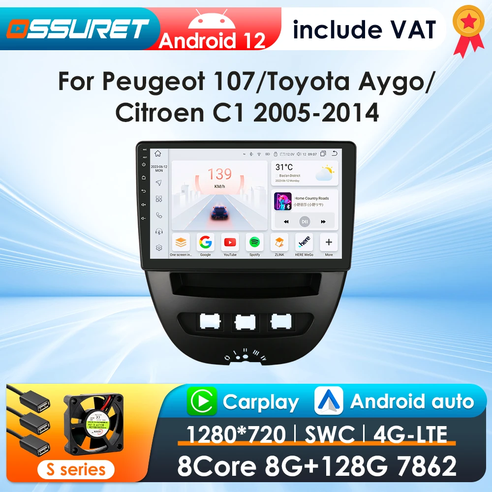 OSSURET CarPlay Android Car Radio For Peugeot 107 Toyota Aygo Citroen C1 Car Multimedia Player Navi GPS 2din 4G autoradio RDS