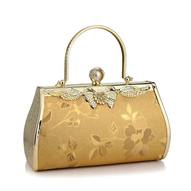 Butterfly Metal Golden Evening Bags Printed Floral Leaf Ladies Handbags For Wedding Purse