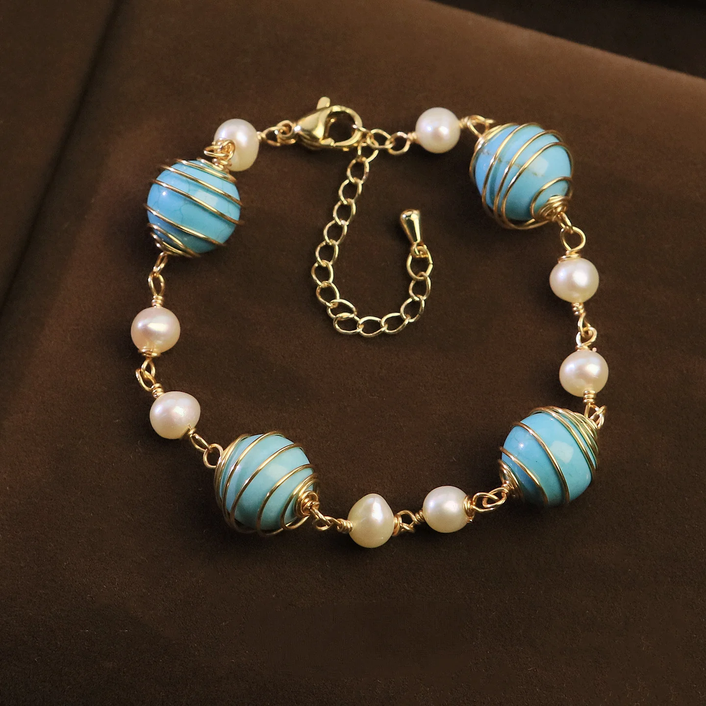 Women Fashion Original Design Freshwater Pearl Turquoise Beaded Bracelet Luxury Delicate Bangle Elegant Daily Hand Accessory