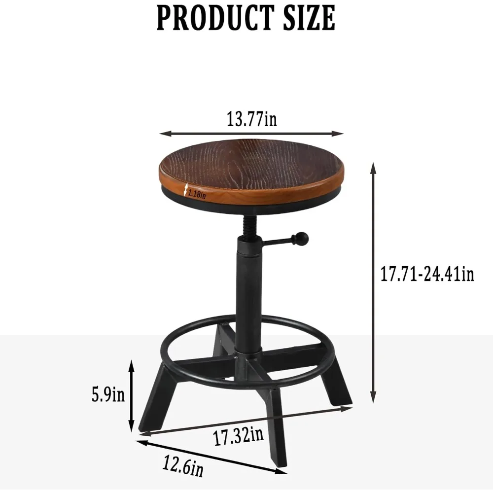 Taburetes de bar giratorios de estilo industrial - Asientos de madera rústica con altura de mostrador para isla de cocina - Altura ajustable de 17,7 a 24 pulgadas