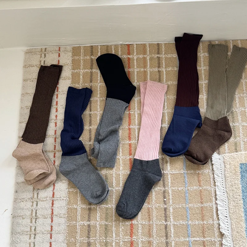 Color Blocking Splicing Pile Socks Women's Autumn Vertical Stripe Retro Cotton Middle Tube Socks Korean Fashion Soft Casual Sock