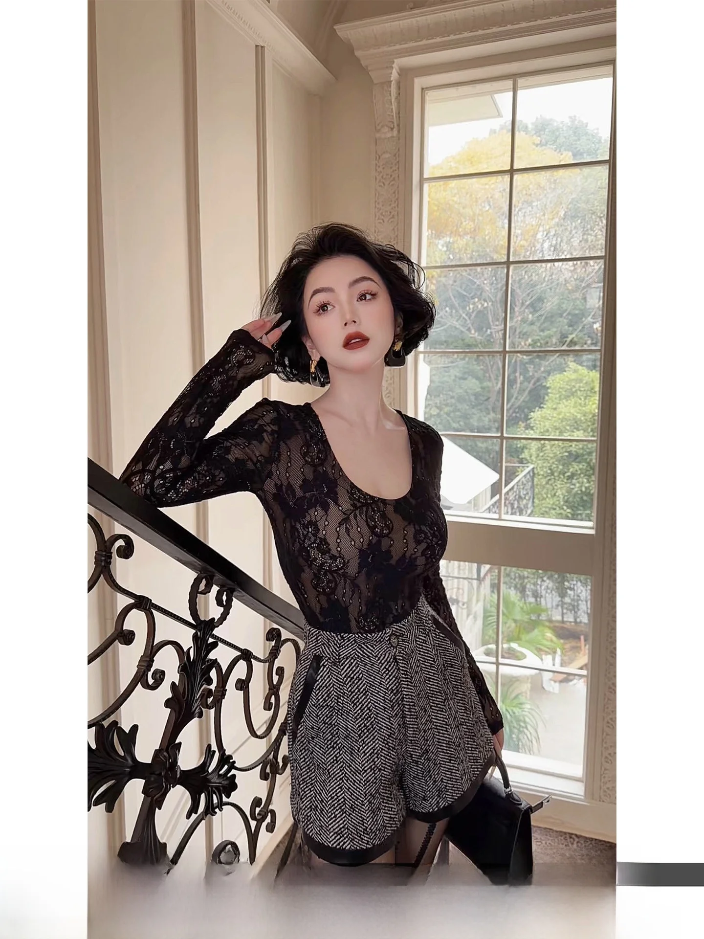 

Женский облегающий топ Lyxj Lace с U-образным вырезом, базовый слой, французский стиль, длинный рукав, высокая талия, нейлон-спандекс, зимняя новинка