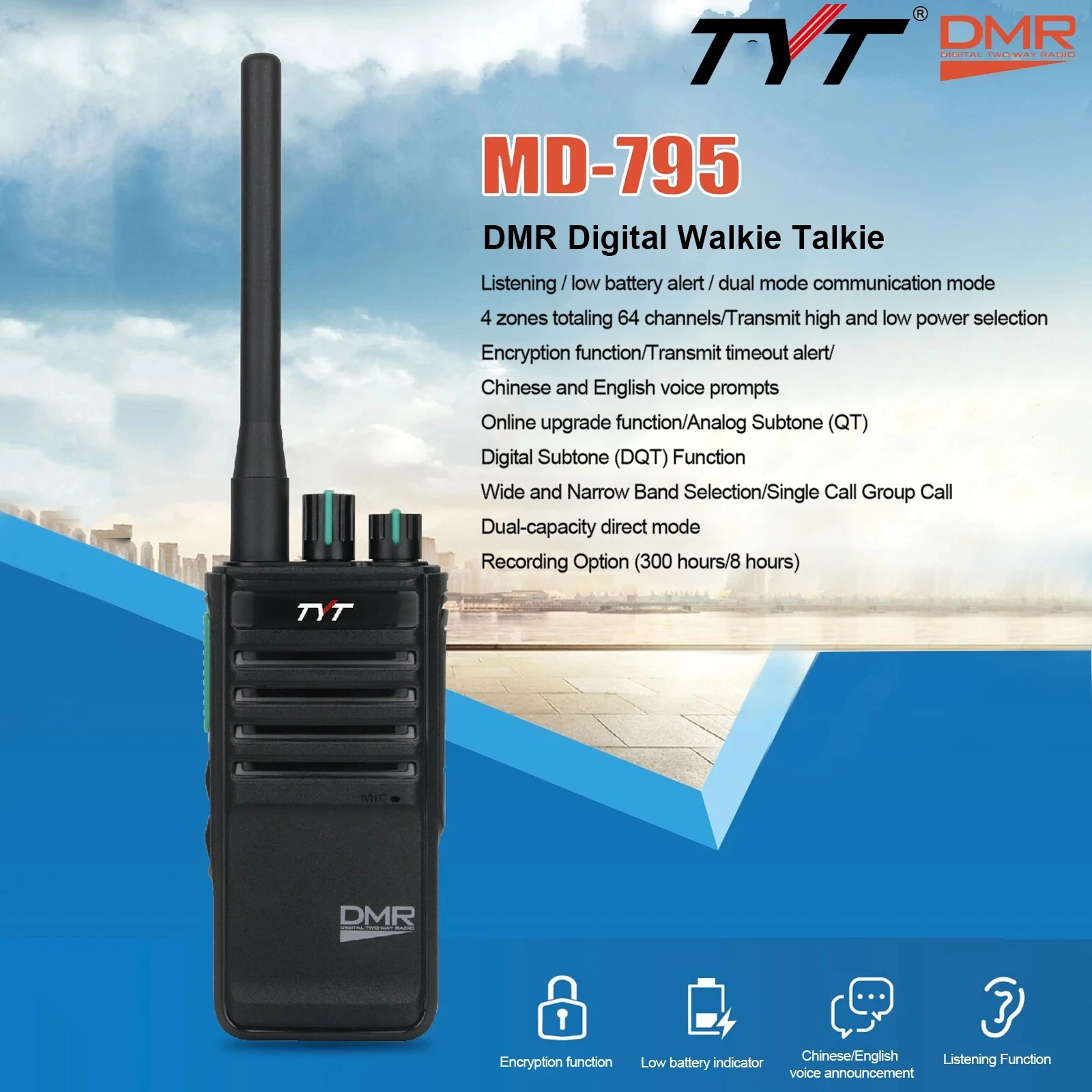 TYT MD-795 DMR Digital Radio UHF 400-470MHz with Voice Encryption 4W/1W Power Portable Walkie Talkie