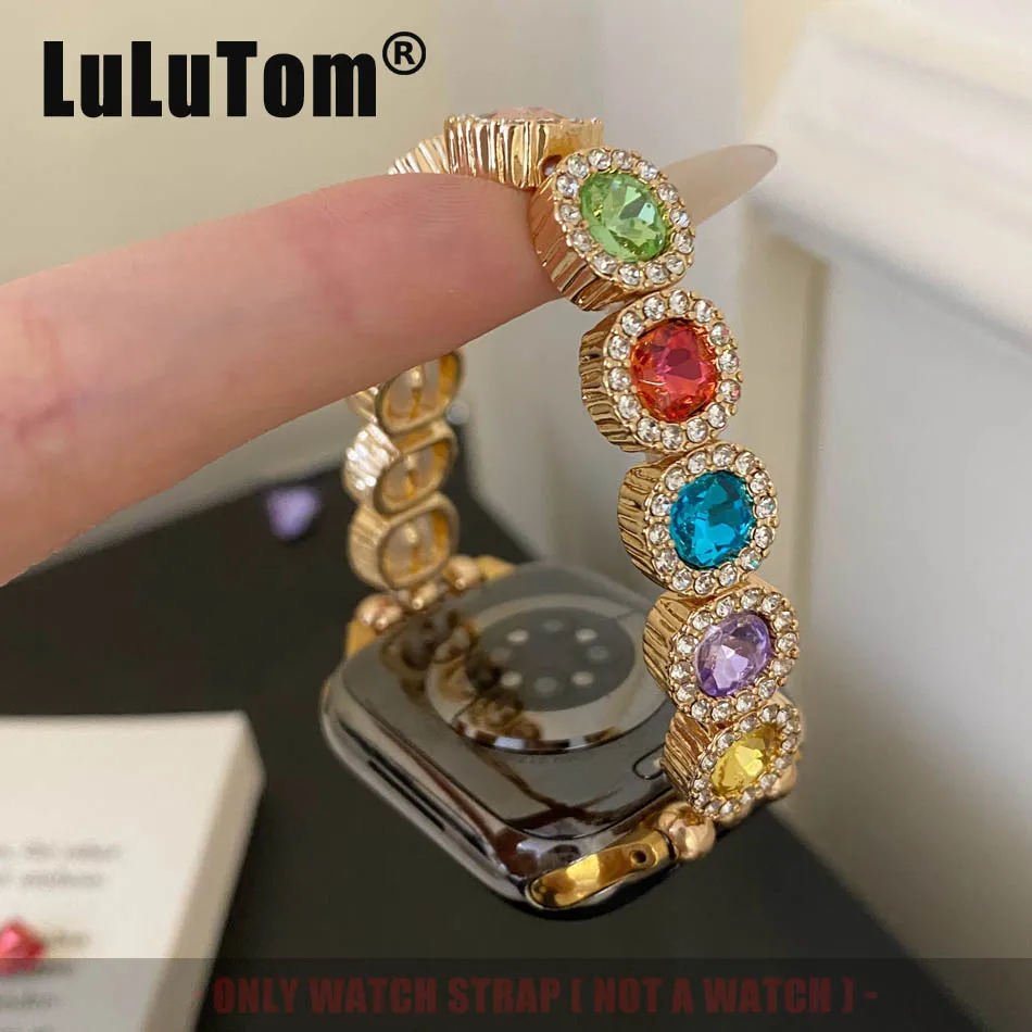 

Эластичный ремешок с цветными кристаллами для Apple Watch Series 11, 10, 9, 8, 7, 6 SE UItra iWatch 49/46/45/44/42/41/40/38 мм, ювелирный ремешок-браслет