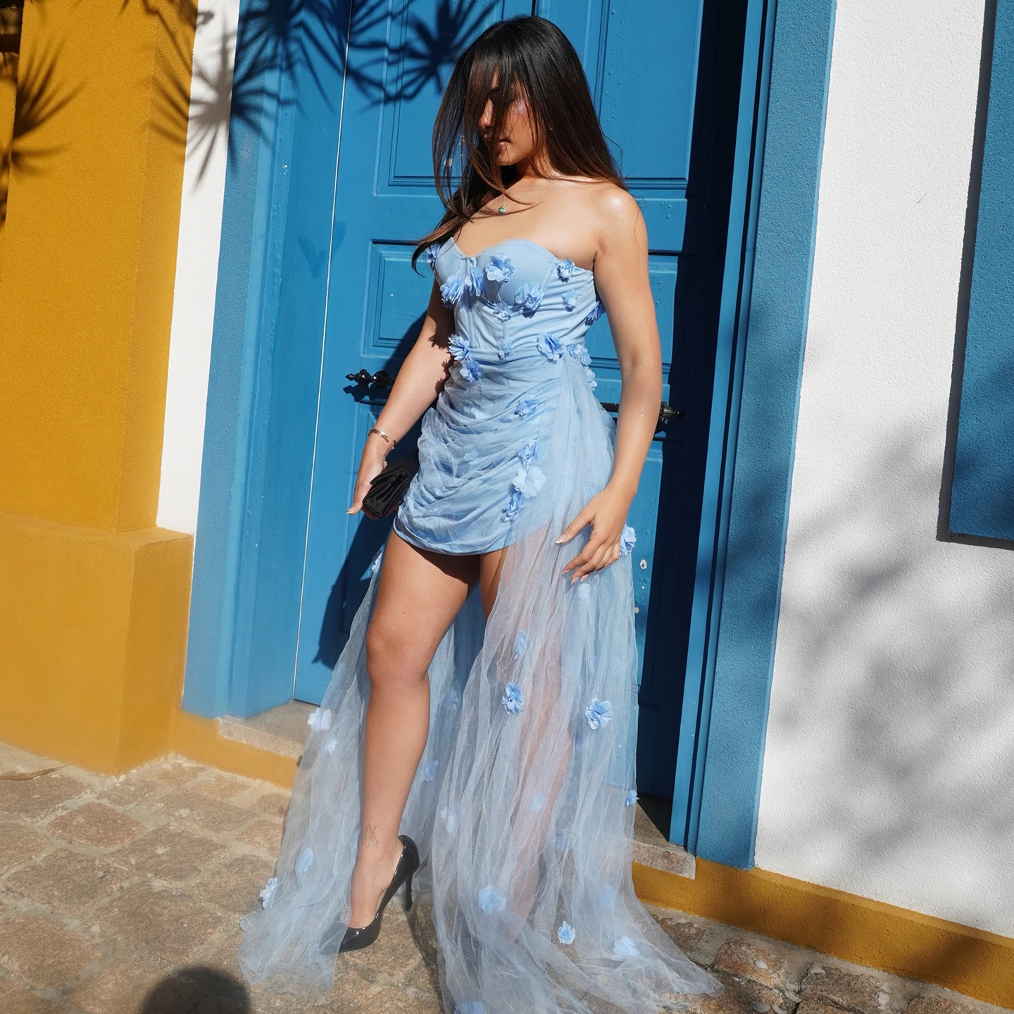Remote Moon Strapless Sweetheart 3D Floral Ruched Short Evening Dresses 2026 Tulle Train Elegant Prom Party Gown MN557 Customize