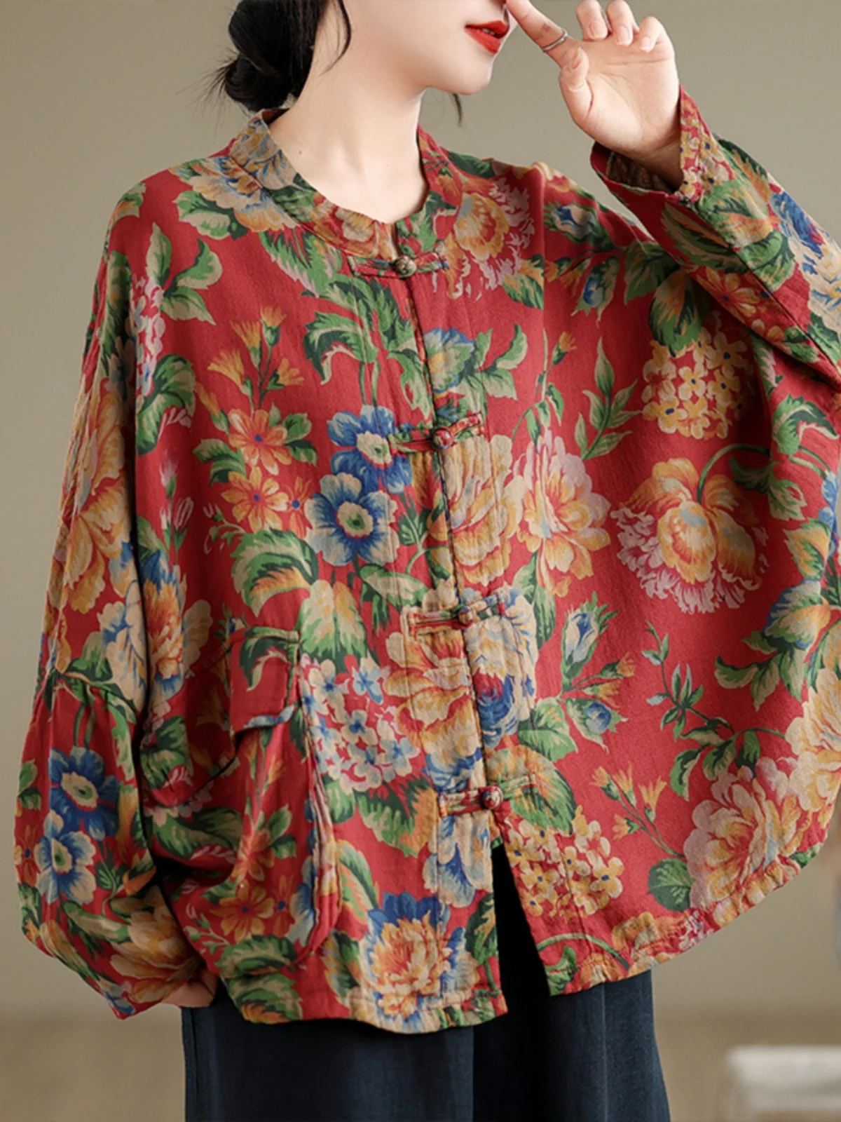 بلوزة نسائية فضفاضة كبيرة الحجم بنمط صيني تقليدي، قميص ربيعي جديد من القطن والكتان مع أزرار وطباعة #1