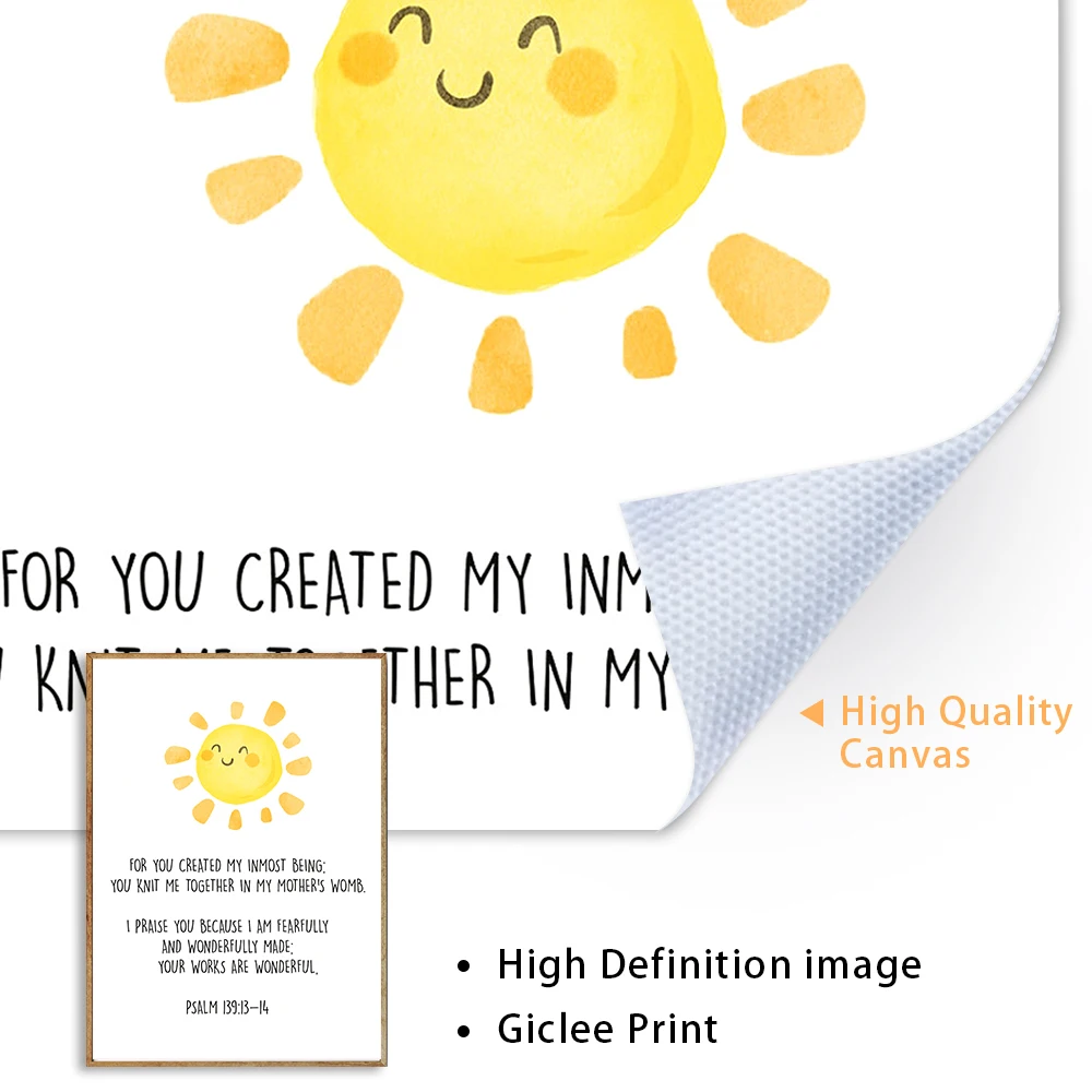 لوحة قماشية فنية حائطية من كريستيان الحضانة ، مزمور الكتاب المقدس 139:14 ، شمس بالألوان المائية ، مطبوعات قوس قزح ، ملصق ، ديكور غرفة الأطفال