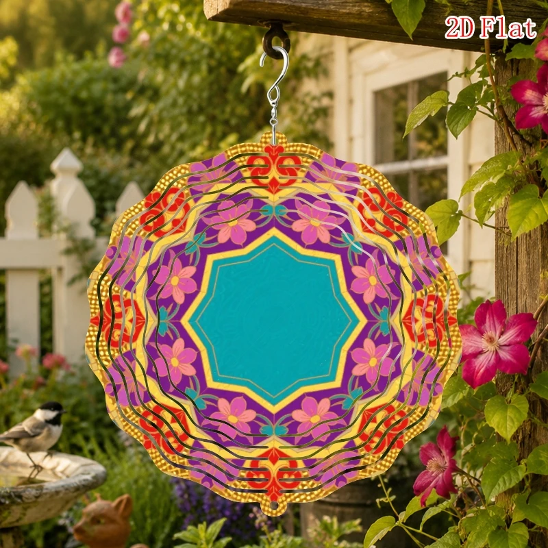2D Flat Metal Windmill Decoration, Colorful Ethnic Mandala Pattern Rotating Wind Chime with, Outdoor Garden And Patio Decoration