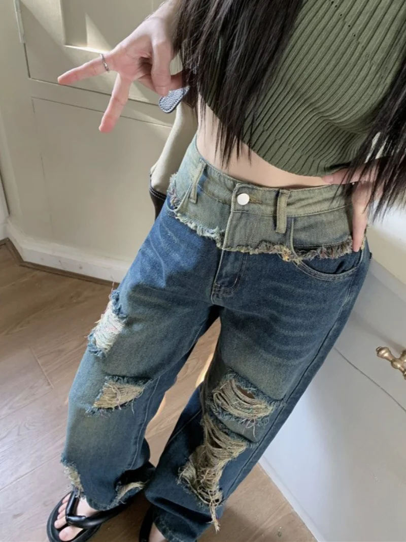 Hole Jeans Women High Waist American Style Street Retro Chic All-match Summer Gothic Loose Contrast Color Trouser Daily College