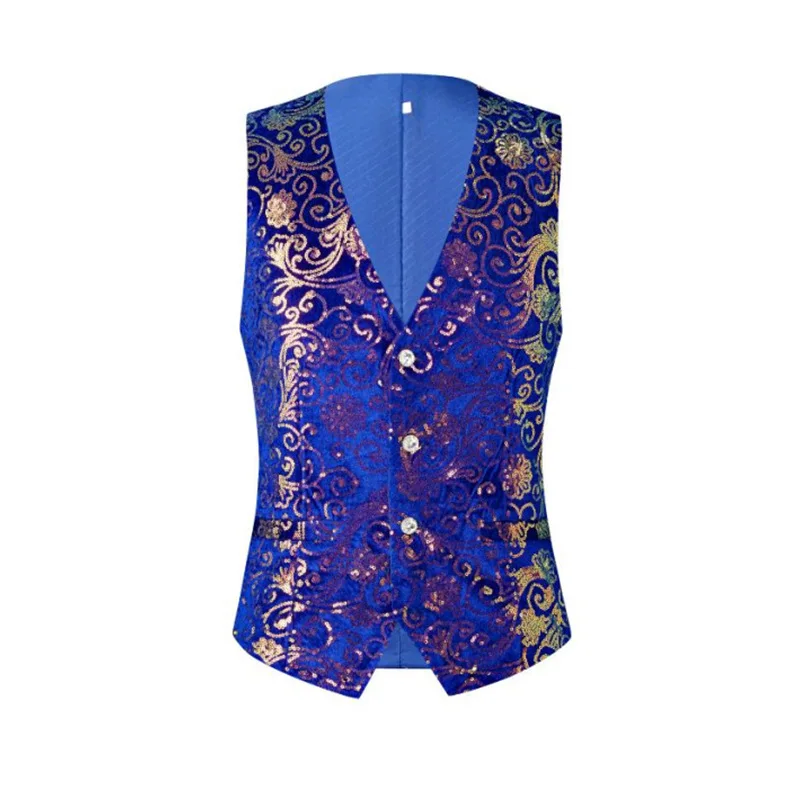 #4870 Performance Vest Men V-neck Split Joint Shinny Sequined Vest Waistcoat Male Outerwear France Style Retro Wedding Vest Coat