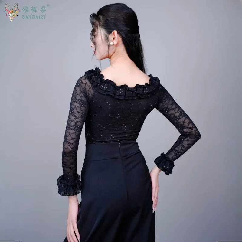 Modern Dance Practice Suit Lace Wood Ear Edge Jumpsuit Top Women Waltz Latin Adults Ballroom Dance Performance Costumes Wearing