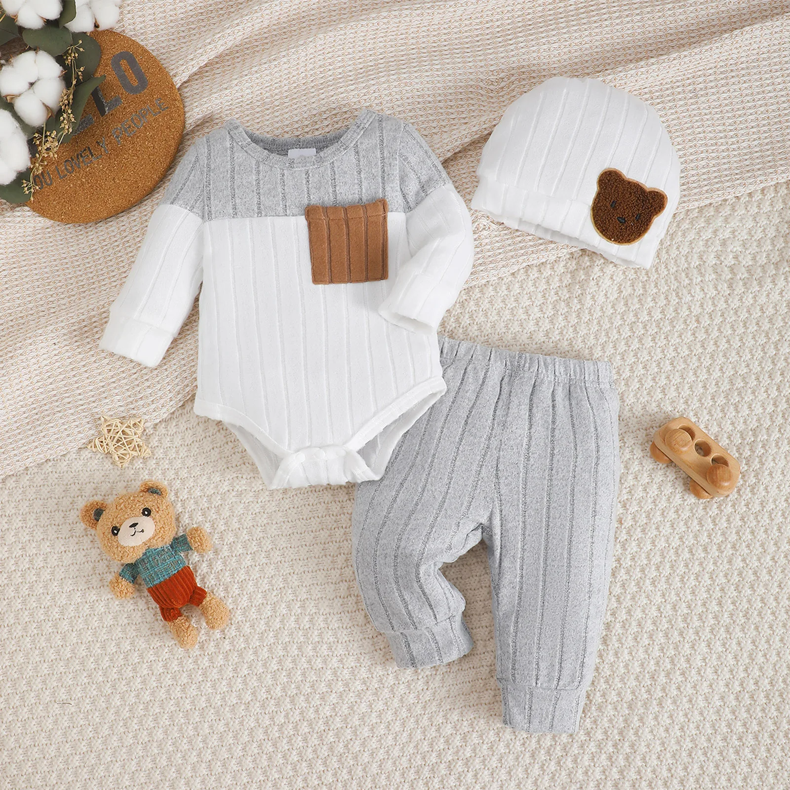 Conjunto de bebé recién nacido de 0 a 18 meses, mono con bloques de Color y cuello redondo, pantalones y sombrero, cómodo, 3 unidades/juego para bebé, conjunto de primavera y otoño
