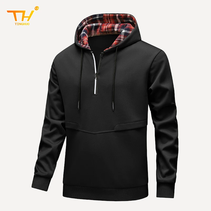 Men's Hoodies Spring Autumn Plaid Hooded Zip Up Sweatshirt Men Fashion Sports Training basketball Solid Color Street clothing