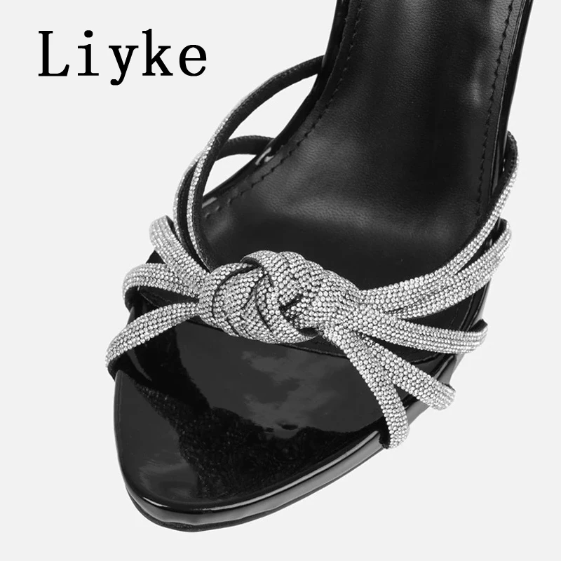 Liyke Elegant Party Sandals Female Rhinestones Narrow Band Open Toe Ankle Cross Lace Up High Heels Stiletto Wedding Shoes Women