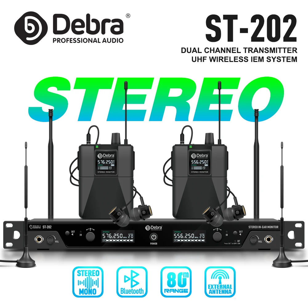 

ST-202 UHF Stereo Wireless In-Ear Monitor System with Bluetooth 5.0, 80m range, for stage, concerts, outdoor performances