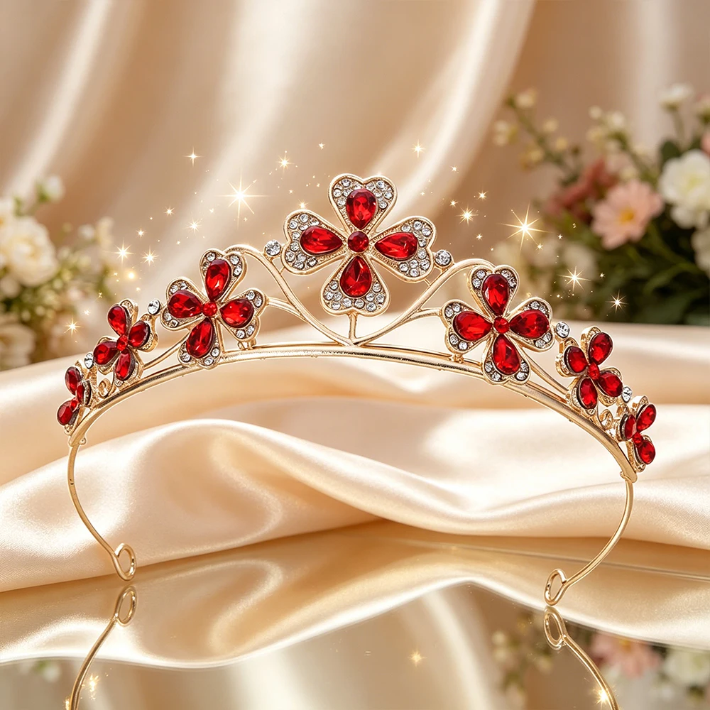 Four Leaf Clover Crystal Bridal Tiara Sparkling Lucky Floral Queen Crown Elegant Vintage Headpiece Wedding Birthday Events view 2