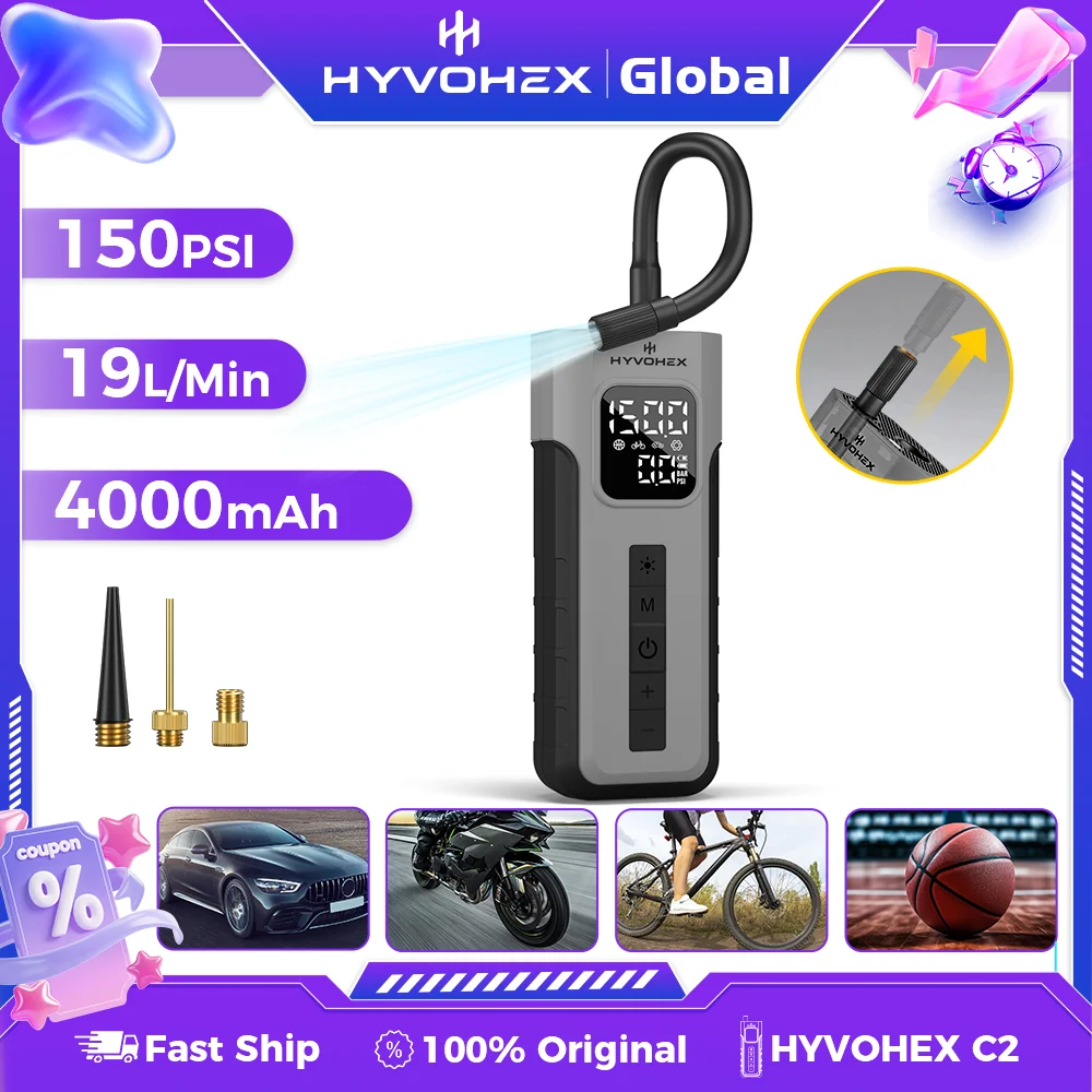 

HYVOHEX C2 Cordless Tire Inflator Pump 100% Duty Cycle 4000mAh Car Air Compressor for Cars Motorcycles Balls LED Light