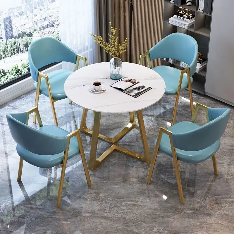 DesignerRound Marble Rock Slab Dining Table Set 4 6 Chairs Mesa Tavoli Furniture Meuble Marbre Stainless Steel Gold Base