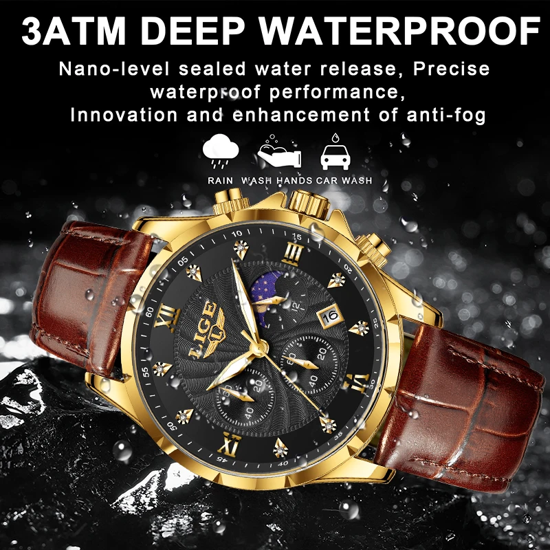 New Fashion LIGE Luxury Quartz Man Watch Outdoor Casual Sports Leather Strap Watches for Men Waterproof Luminous Date Wristwatch