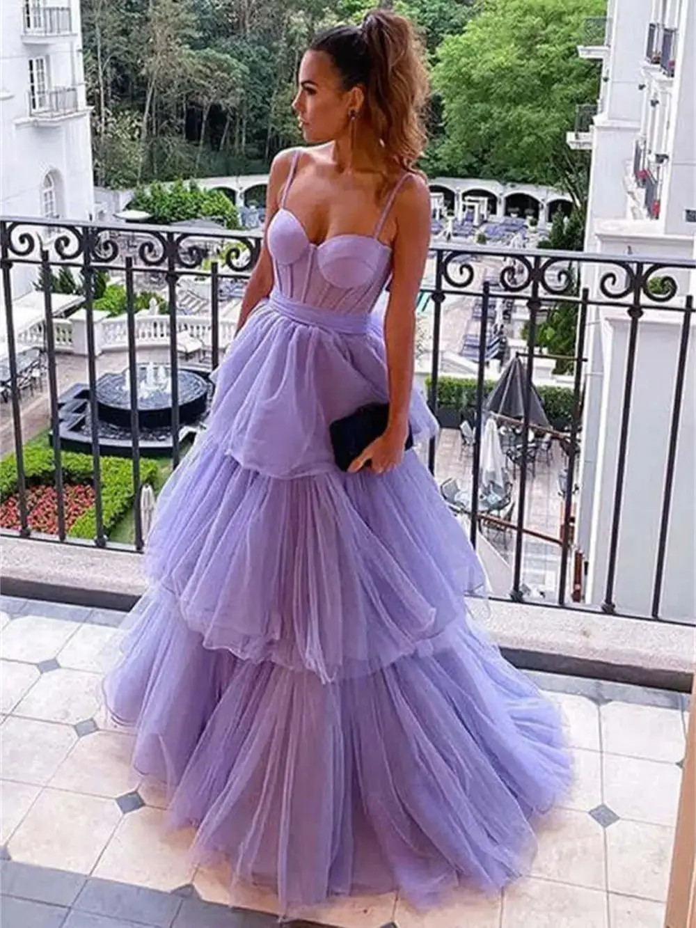 

Purple Tulle Tiered a Line Prom Dresses Sleeveless Sweetheart's Elegant Party Dresses for Women 2024 Formal Occasion Robe