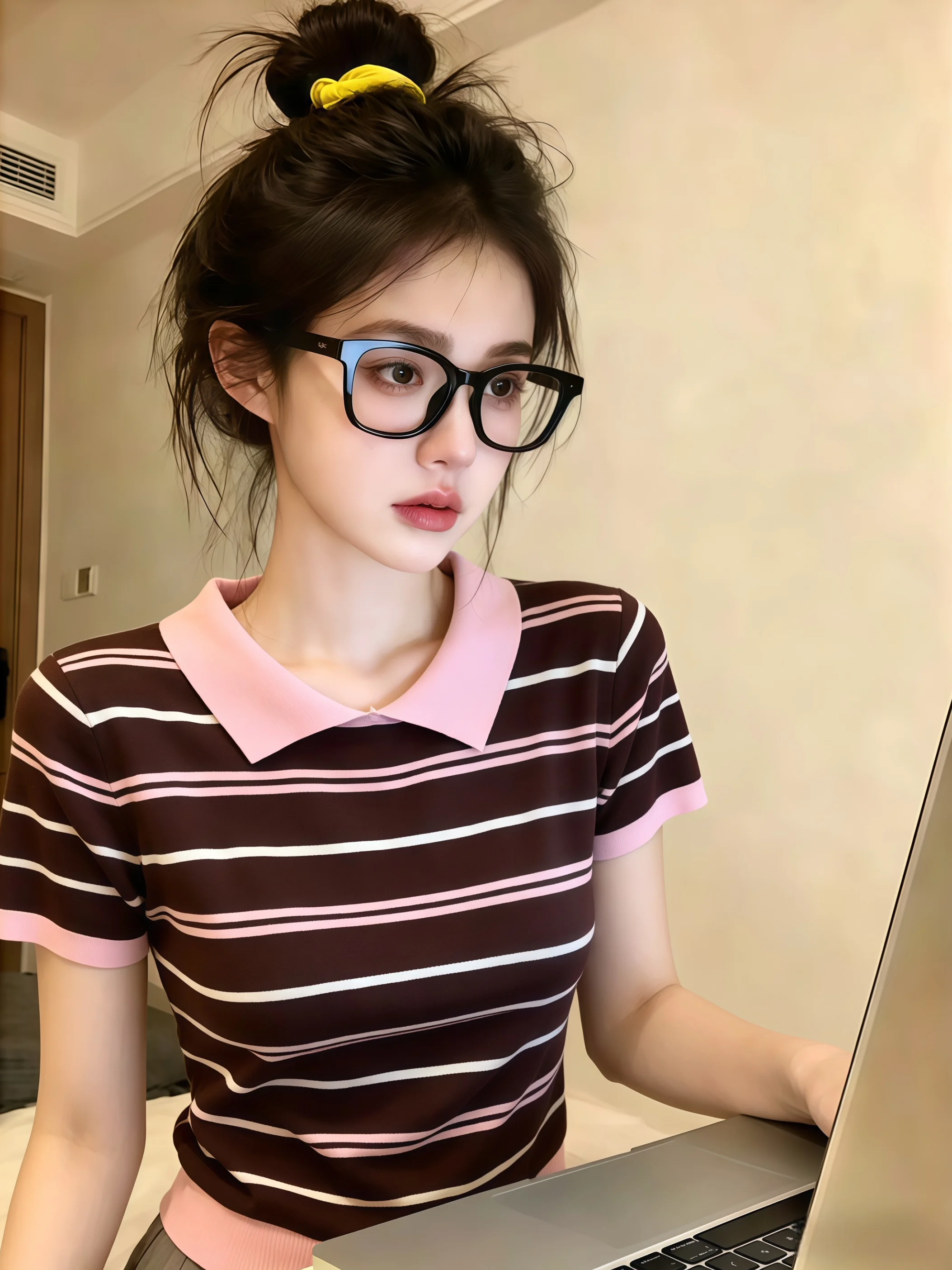 

Summer Neck Striped Short Sleeve Knitted Shirt Women's Self-Keeping Style Korean Version Straight Cut Silk Top