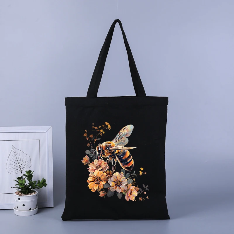 Bolsa de compras de lona con estampado de abeja, bolso de mano de gran capacidad, bolso escolar para estudiantes