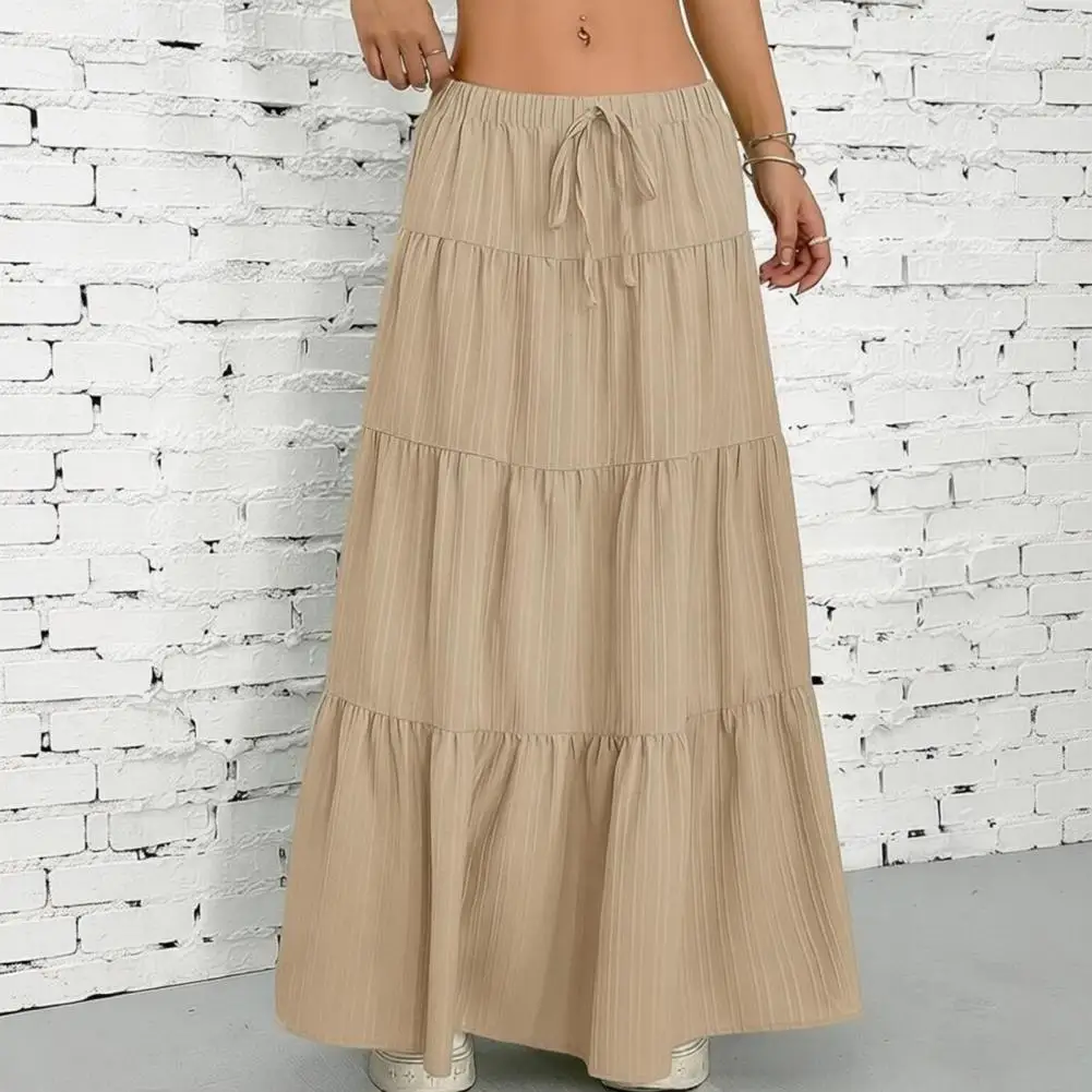 Women Pleated Skirt Summer Middle Waist A Line Flowy Swing Skirt Breathable Solid Color Drawstring Pleated Casual Skirt