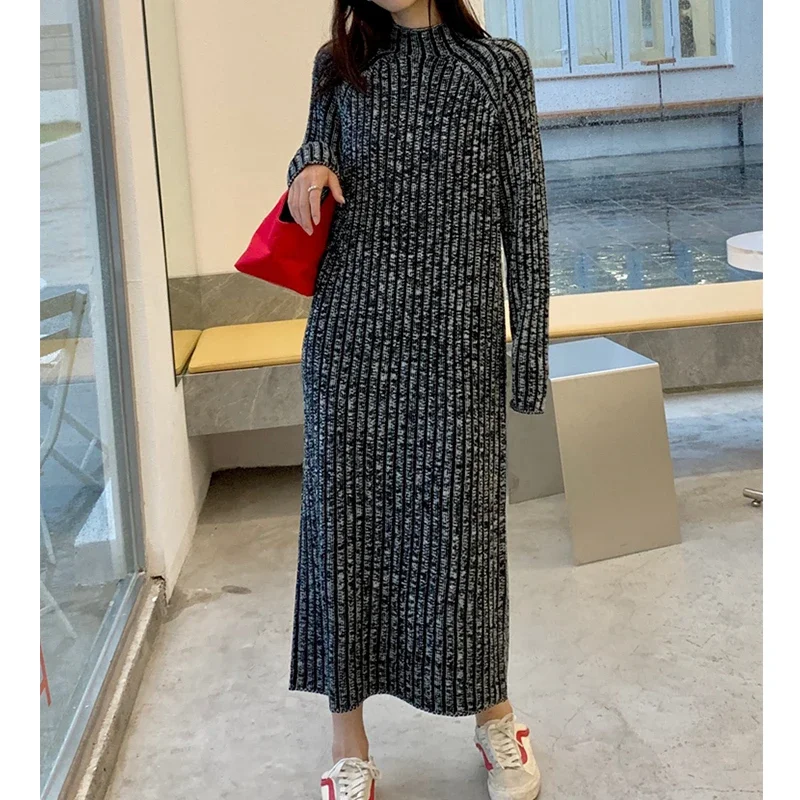 Burgundy Thicken Wool Dress for Women Autumn Tall Neck Loose Long Knitwear Korean Chic Elegant Soft Wool Pullover Vestido