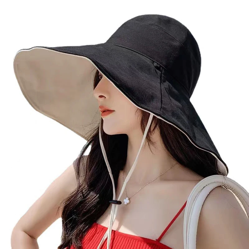 Wide Brim Sun Hat Women Anti-UV Protection Hiking Fisherman Cap Fold Summer Solid Cotton Breathable Beach Bucekt Hat