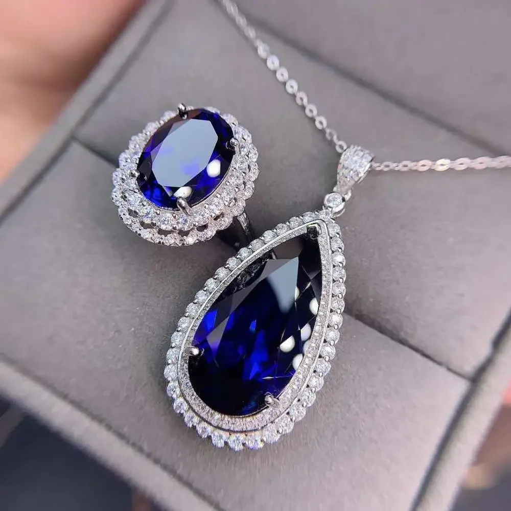 Natural Sapphire Ring Pendant Women\'s S925 Sterling Silver Exquisite Fashion Party Jewelry Set