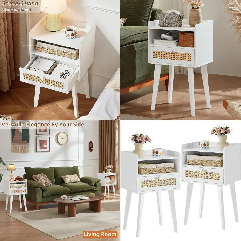 

Пара тумбочек из ротанга с ящиками и открытыми полками, прикроватные тумбочки в стиле бохо на деревянных ножках для спальни, гостиной и