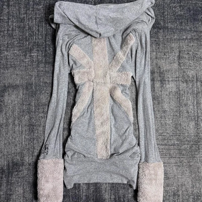 Autumn Winter New Gray Hooded Sweatshirt Women's Jackets  Original Design Lamb Wool Splicing Sweet Cool Creative Top Coat Ladies