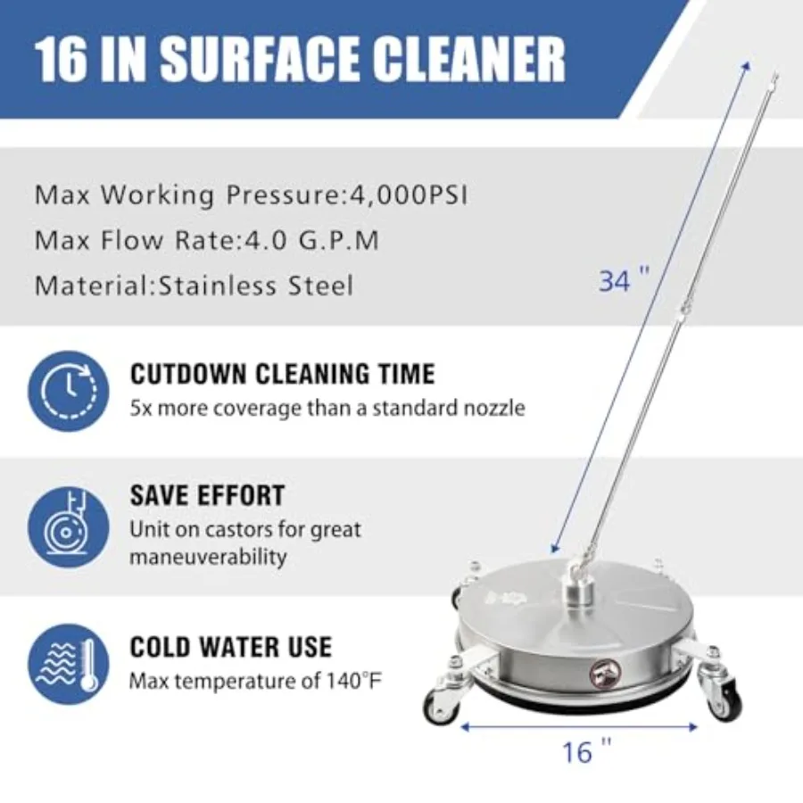 Prure Washer Surface Cleaner with 4 Wheels, Stal Steel Housg, 1/4