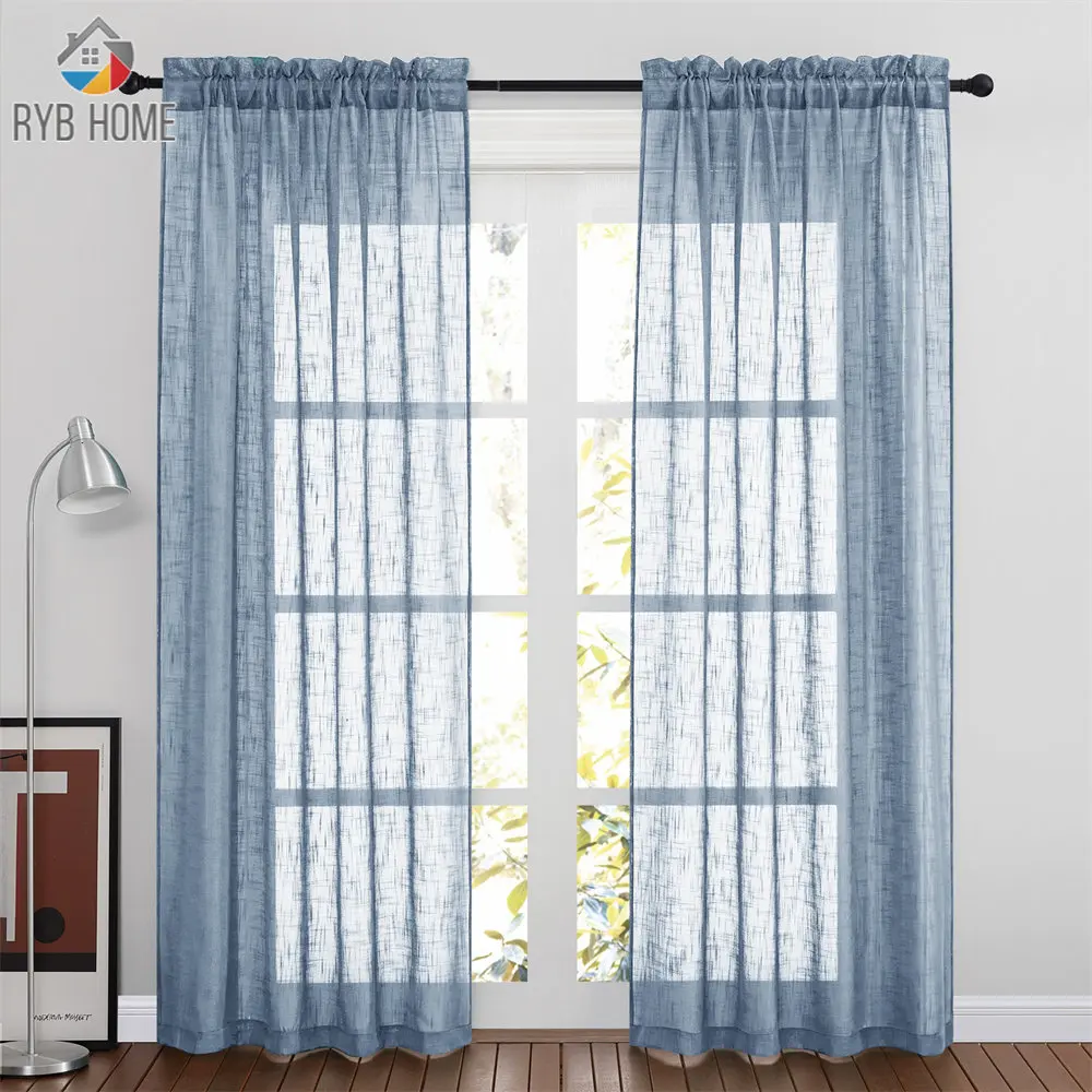 RYB HOME Linen Semi Sheer Curtains Light Filtering Airy Morden Sheer Drapes Bedroom Dining Office Apartment Living Room Window